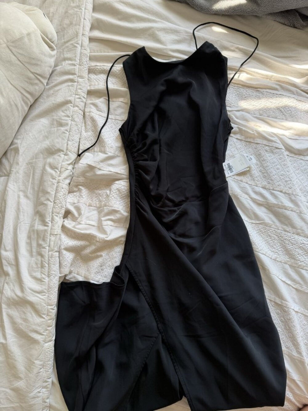 NWT Abercrombie Black Satin Midi Dress Tie Back Size XS